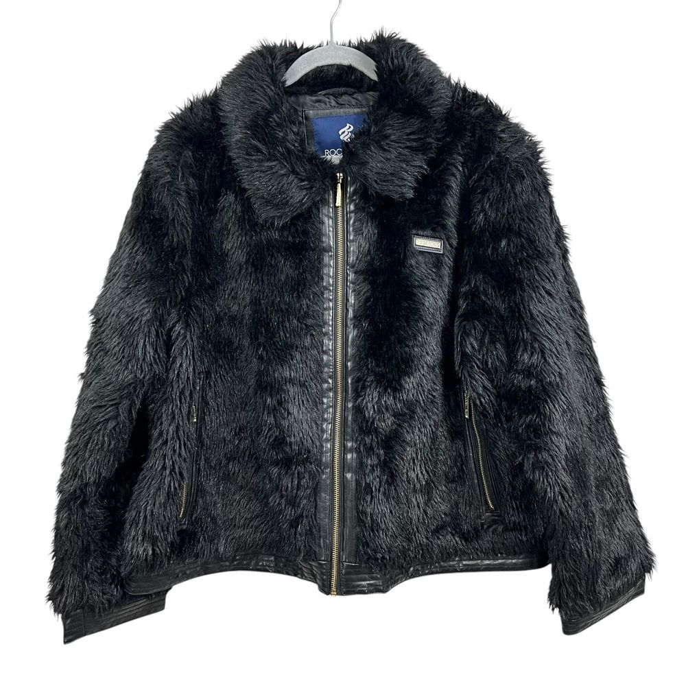 Rocawear‎ Womens Faux Fur Jacket Collared Zipper Streetwear Pockets Black Sz 2x